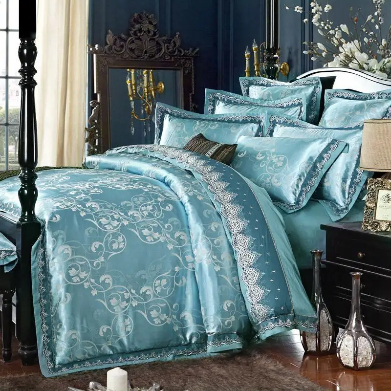 

J8 Luxury Jutecell Satin Jacquard Silk Bedding Set cotton lace Tencel Satin Bed Sheet Set Bedclothes Queen/King Bed cover J/6pcs