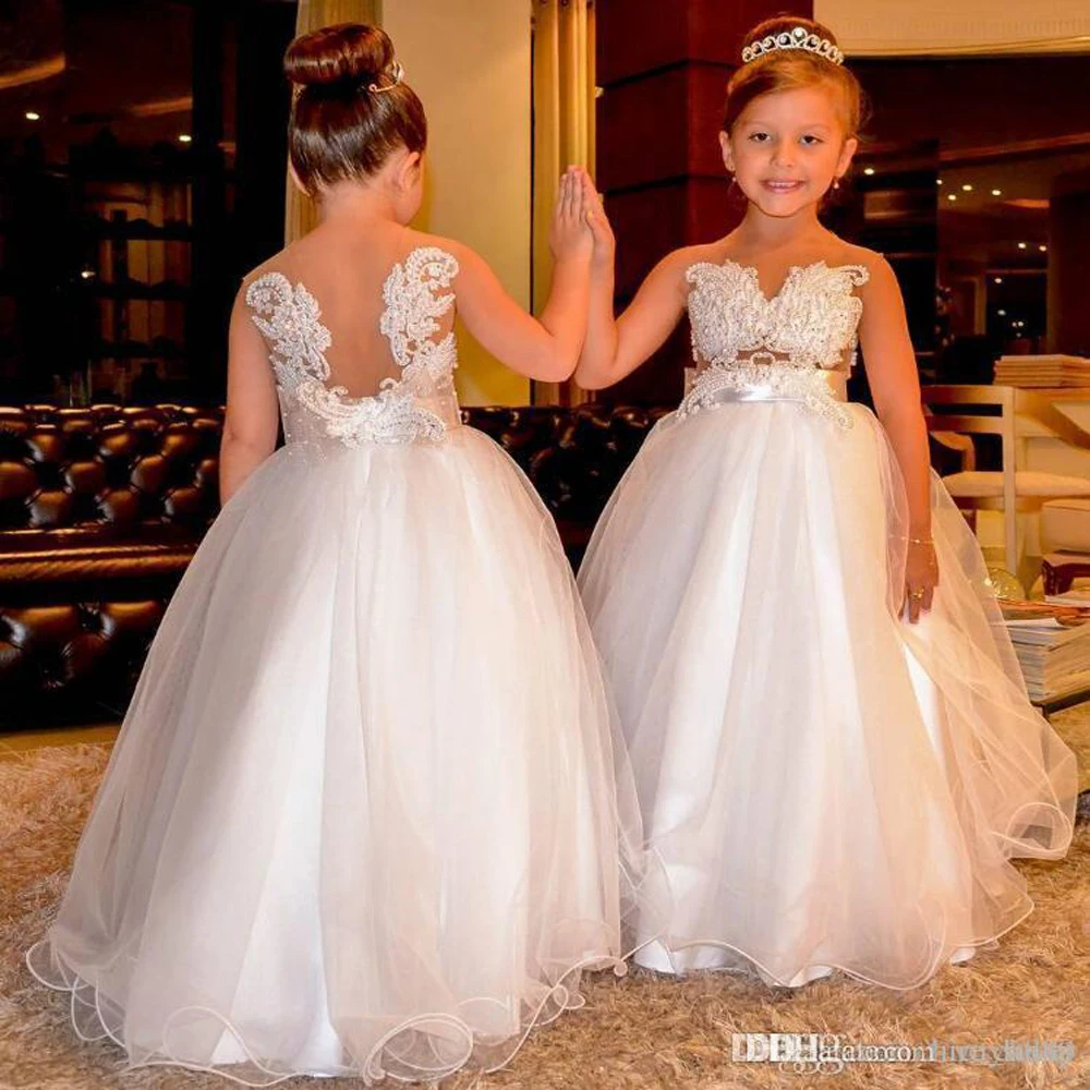 

Flower Girls Dresses Jewel Appliques Sheer Beads Girl Birthday Party Dresses Zipper Tutu Tulle Girl Pageant Dresses Wedding Gown