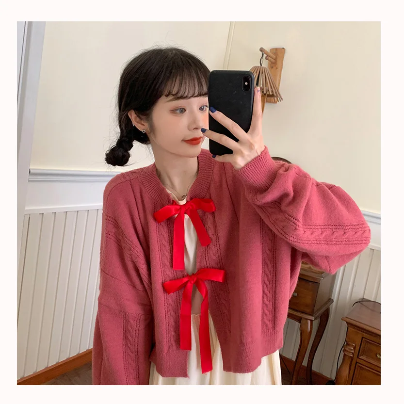 Японский вязаный кардиган свитер Женский Повседневный бандажный в стиле каваи
