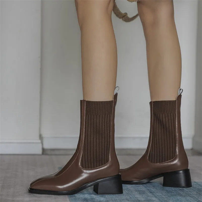 

ANNYMOLI Genuine Leather High Heel Chelsea Boots Women Shoes Square Toe Block Heels Slip-On Mid Calf Boots Autumn Brown Black 40