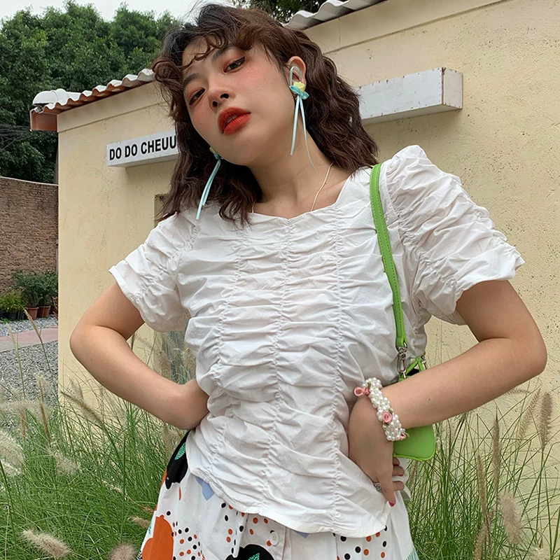 

Summer Crop Tops Women's O-Neck Short Sleeve T-Shirts Crumpled Lady Office Tee-Shirts Femme Clothes Commute Casual T-Tops Mujer