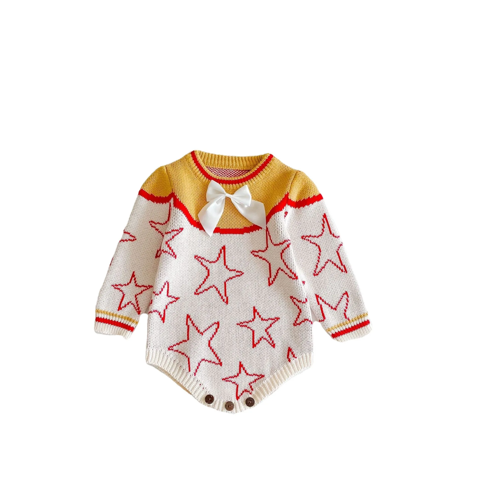 

2021 Spring Baby Girls Bodysuits Knit Star Print Knitted Long Sleeve Baby Girl Sweater Jumpsuit Baby Girls Clothes