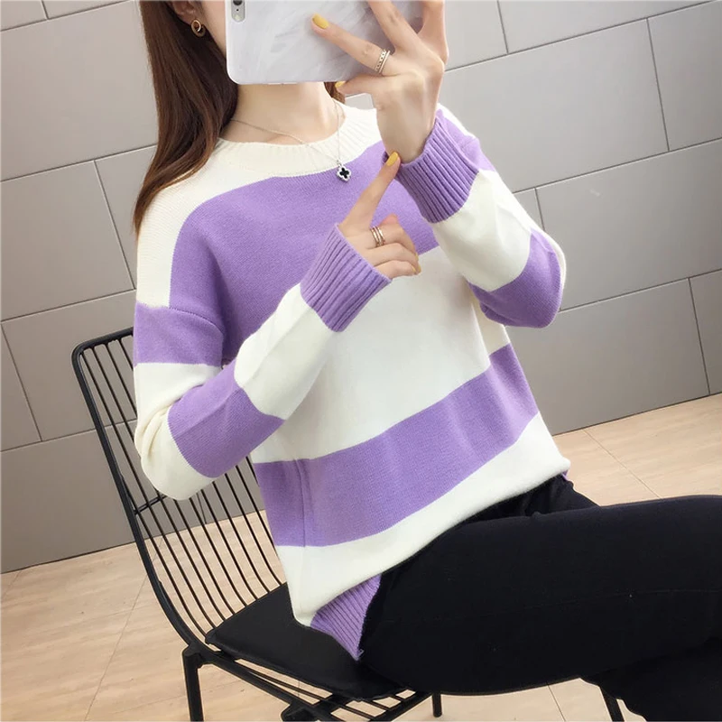 Женский вязаный свитер Lucyever разноцветный в полоску с круглым вырезом и длинными