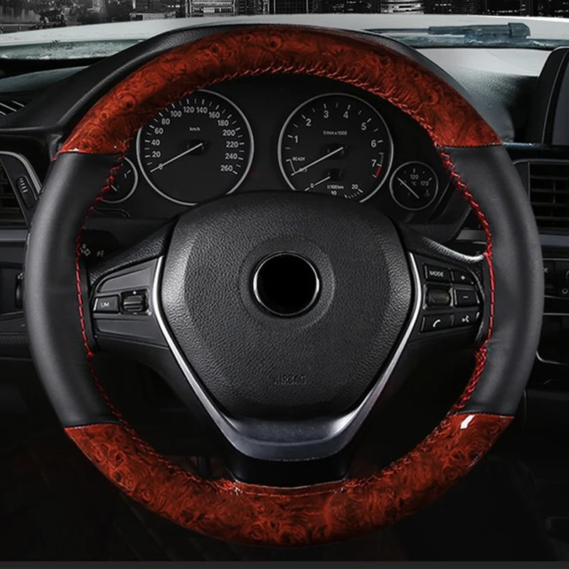 

DIY 38CM Universal Car Steering Wheel Cover Steer Wheel Wooden Leather Braid With Needles Thread for Steering Wheel