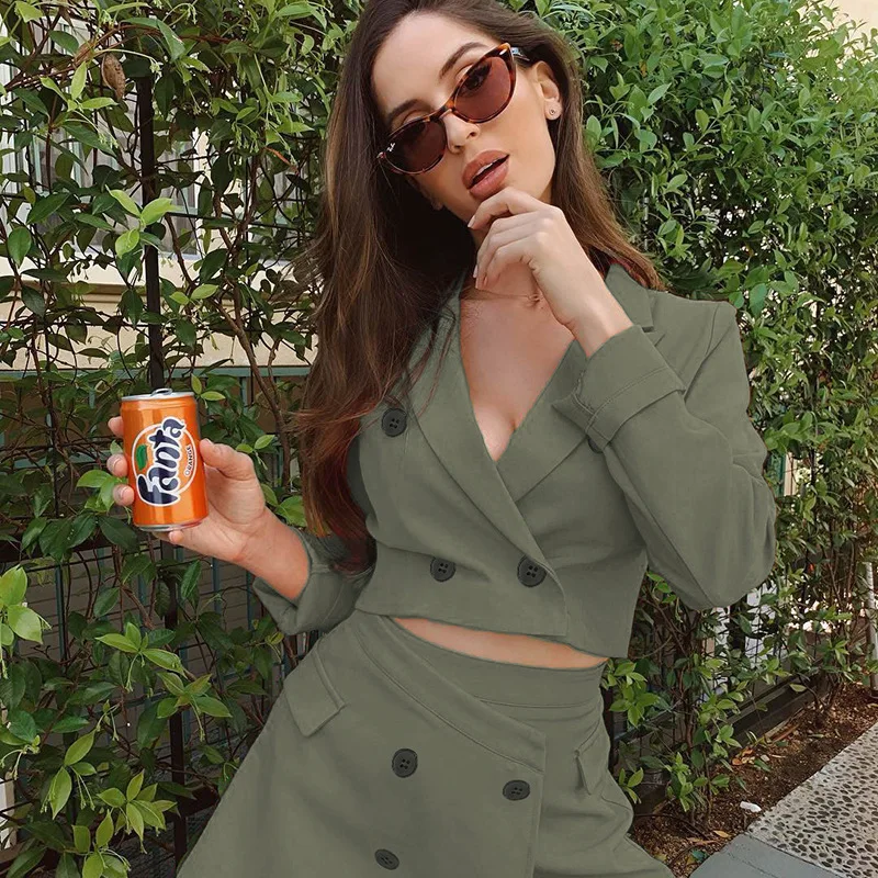 Армейский зеленый шикарный укороченный Блейзер и юбка наборы модные однотонные