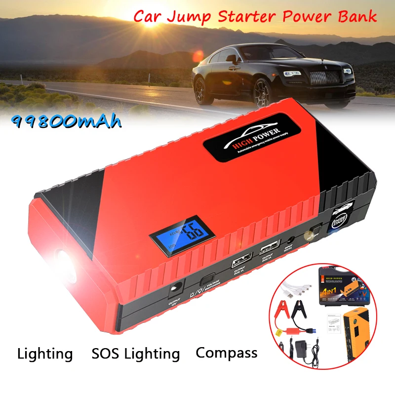 99800 мАч автомобильный стартер аккумулятор Power Bank 12V 600A ЖК цифровой портативный