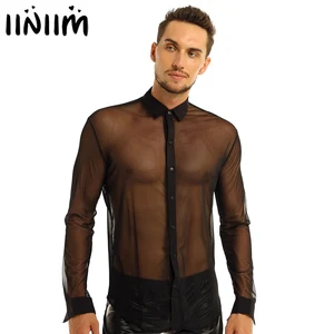 Iiniim Мужская модная прозрачная сетчатая Клубная одежда с длинными рукавами и отложным воротником, рубашка для клуба, вечеринки, WetLook