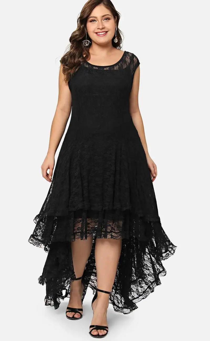 Кружевное женское элегантное Макси платье больших размеров летнее черное