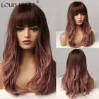 Парик LOUIS FERRE с эффектом омбре темно-коричневого, розового, фиолетового цветов, синтетические парики средней длины с челкой для женщин, натуральный парик для вечеринки, на каждый день