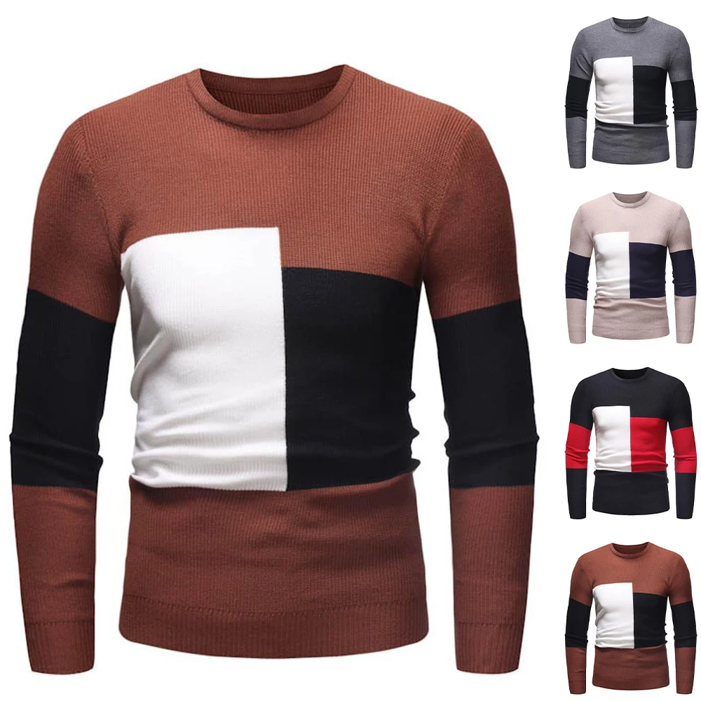 

Color Block Sweaters Patchwork Long Sleeve Crew Neck T-Shirt Casual Men's Slim Fit Knitted Tee Vintage Holiday Tops