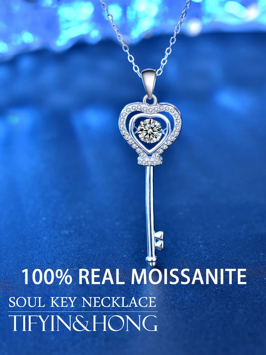 

100% real moissanite love key pendant necklace women's high quality 925 sterling silver wedding party bridal exquisite jewelry