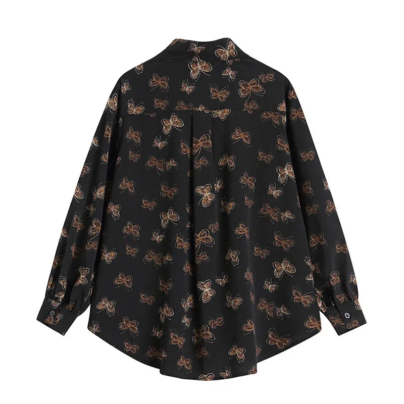 

Elegant Butterfly Print Oversized Black Ladies Shirt Casual Streetwear Vintage Spring 2021 Blouse Casual Long Sleeve Blouse Top