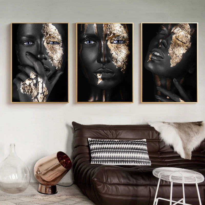 

Gold and Black Woman Canvas Painting African Women Posters And Prints Cuadro Modern Wall Art Pictures For Living Room Decoration