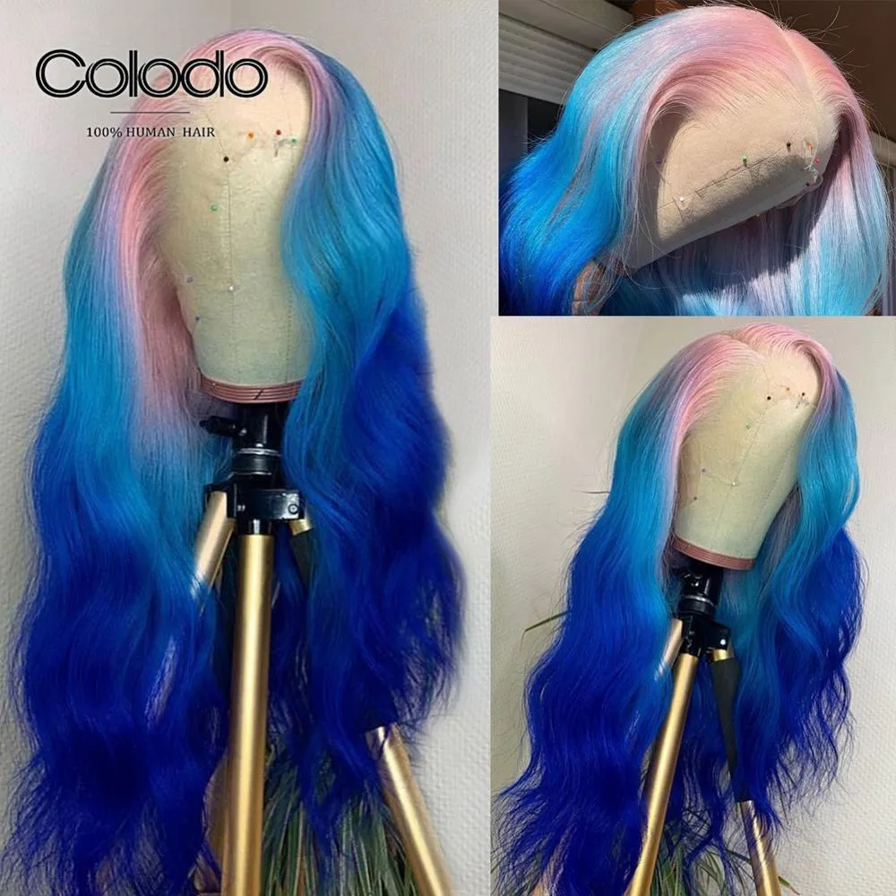 Pink Ombre Blue COLODO Wavy Pink Human Hair Wig 3 Tones Ombre Lace Front Wig With Baby Hair Remy Brazilian Transparent Lace Wigs For Black Women - Цвет: Pink Ombre Blue