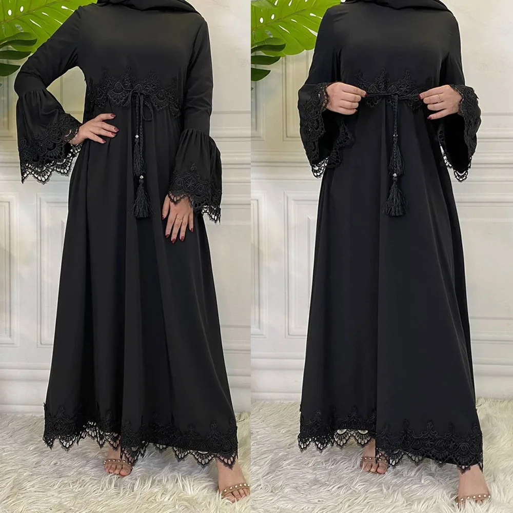 Мусульманское платье-хиджаб, кружевные женские юбки, женское платье с расклешенным рукавом, исламский Рамадан, Дубайский Кафтан Вечерние в...