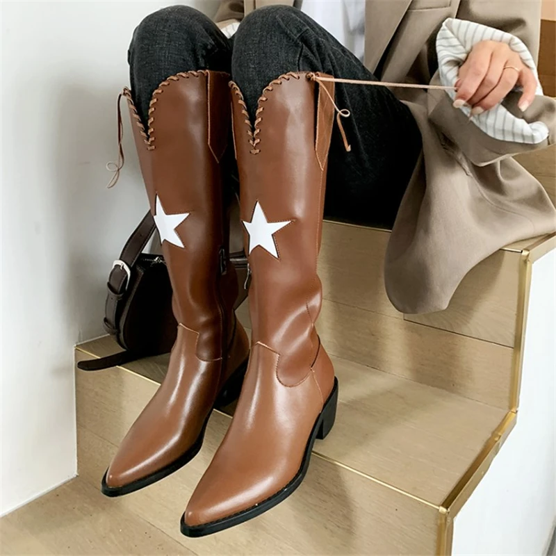 

Women's Leather Knee-Length Comfortable Thick-Soled Mid-Heel Martin Boots Pointed Western Pointed Toe Side Zipper V-Mouth Boots