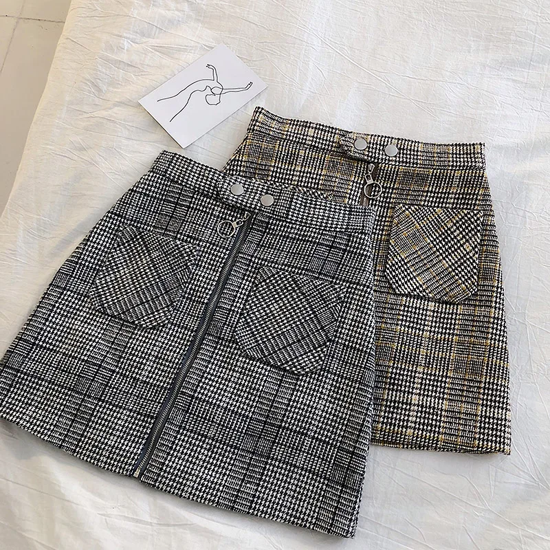 Осень зима 2019 Новинка Ретро Высокая талия двойной для кармана с кольцом молния