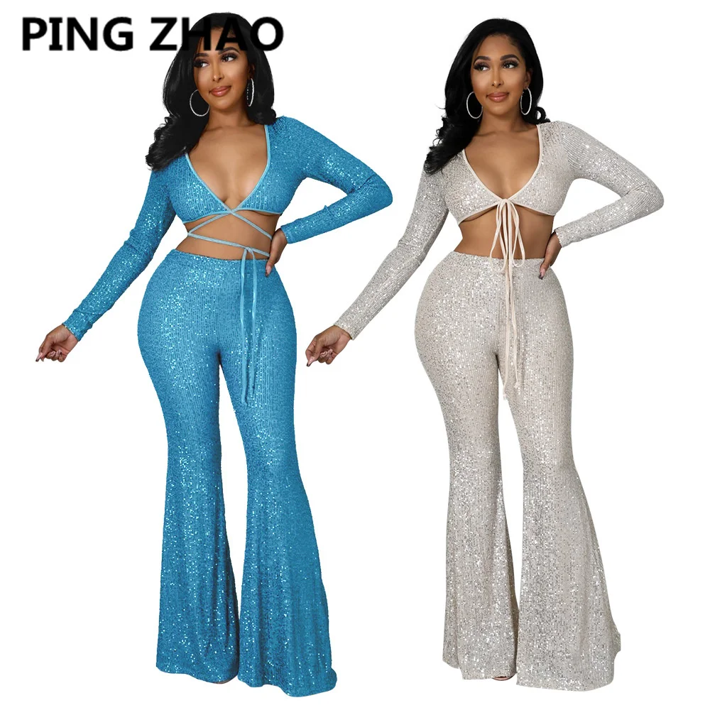 

PING ZHAO Sequins Women's Set Tie Up Crop Tops and Flare Pants Suit Office Lady Street Tracksuit Two Piece Set Outfits