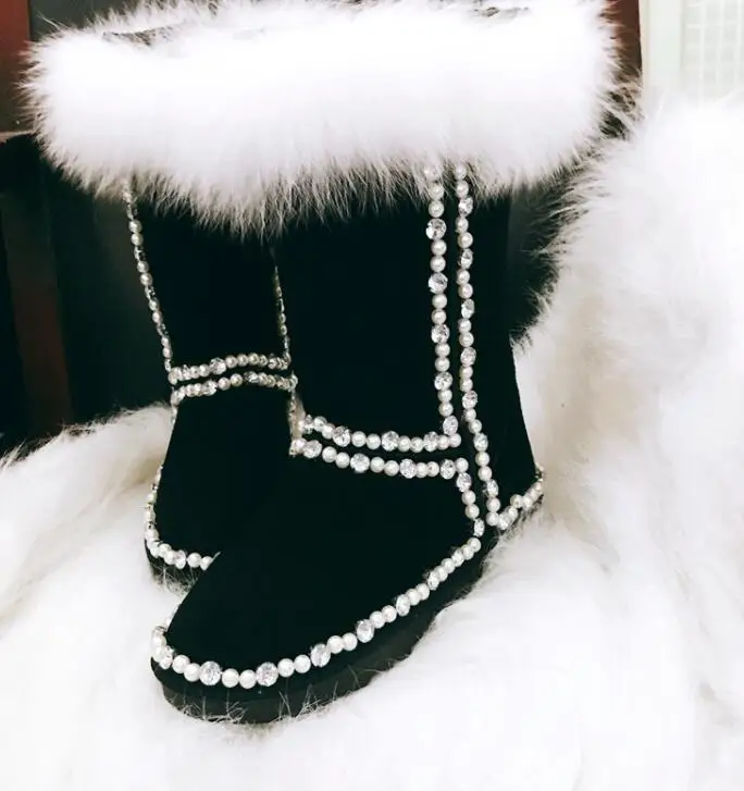 Зимняя Теплая обувь с лисьим мехом высоким голенищем из кожи женские Стразы