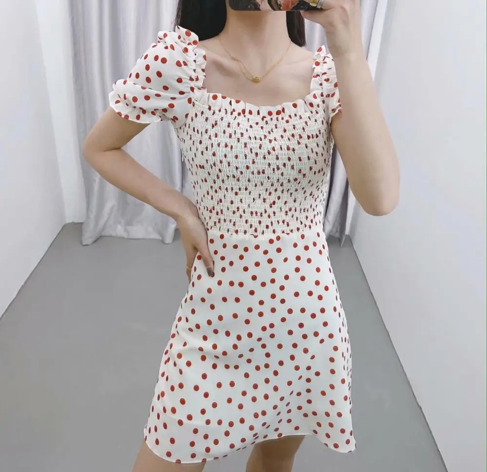 Женское винтажное эластичное мини платье с принтом в красный горошек милое