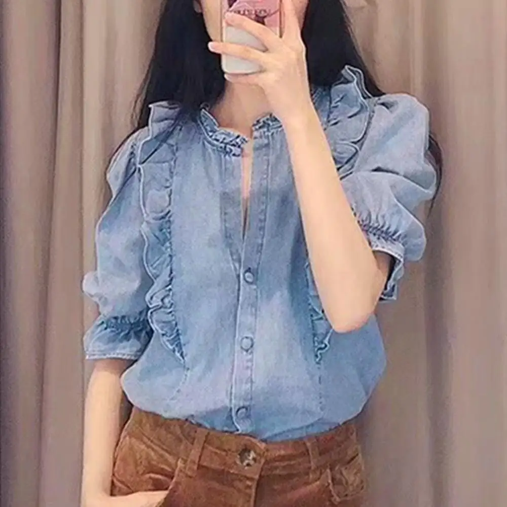 Осенне зимняя женская джинсовая рубашка свободная повседневная однотонная