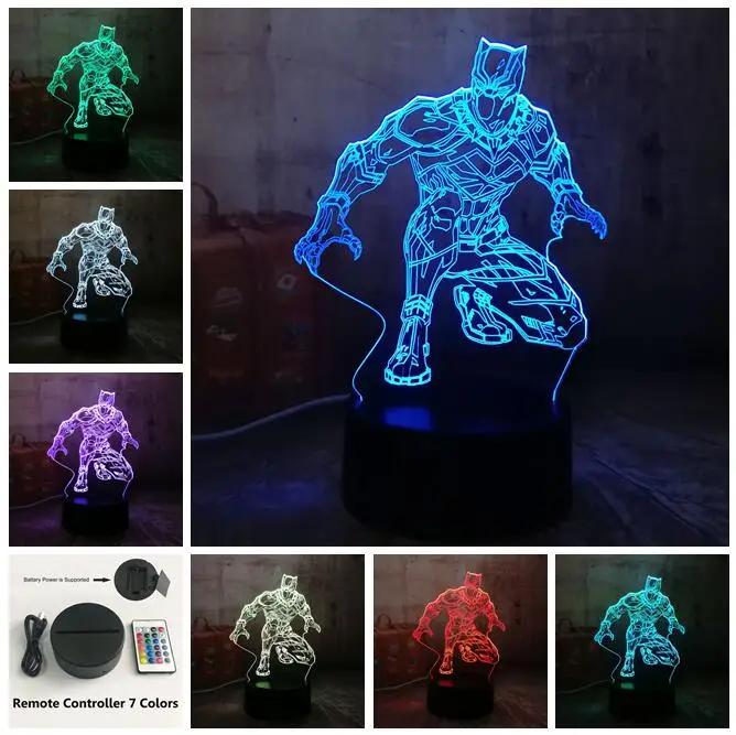Прохладный черный пантера герой комиксов Marvel 3D светодиодный ночной Светильник RGB 7 цветов Настольная лампа для детей Детская одежда для мальчиков, подарок на Рождество, домашний декор - Испускаемый цвет: Remote one 7 Color