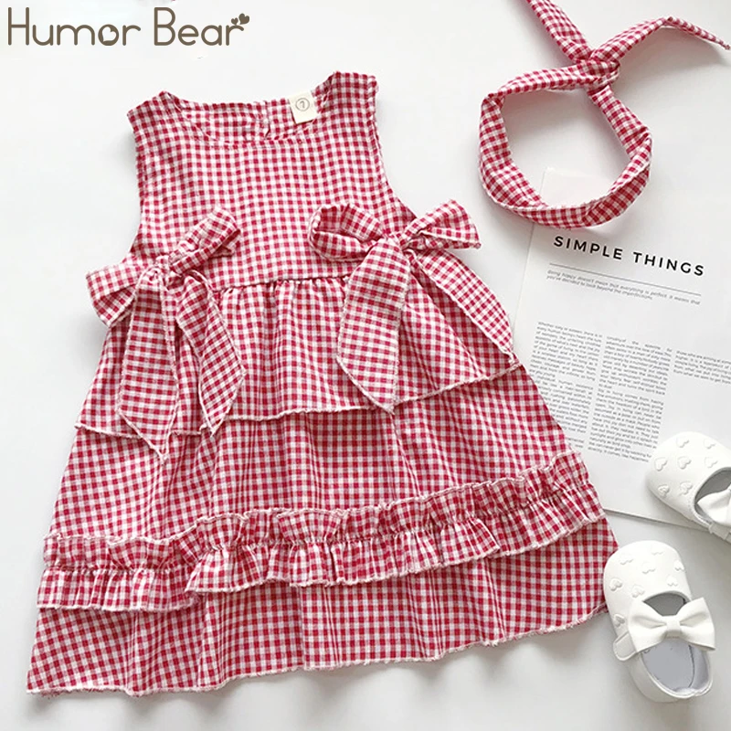Humor Bear/ г. Платье для девочек; новое летнее платье-майка в клетку с бантом на спине; платье принцессы+ повязка на голову; платье для маленьких девочек