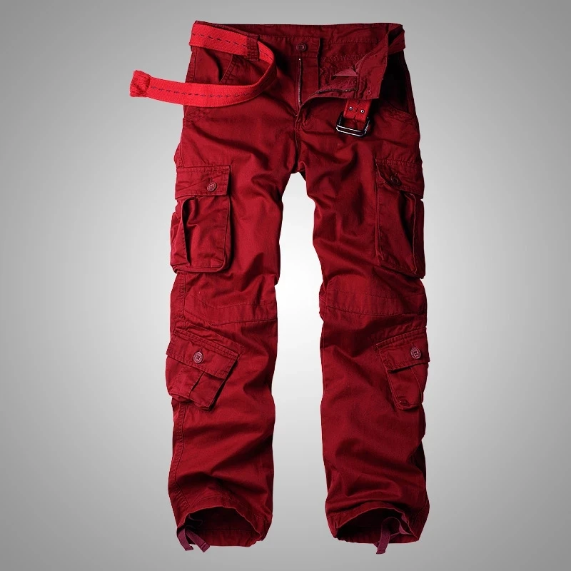 

Autumn Style Washing Wine Red Cotton Overalls Casual Loose Multi-pocket Cargo Pants For Men