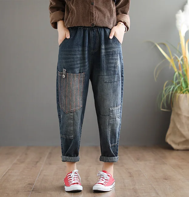 Autumn Spring Women Jeans 2019 Thin Denim Loose Harem Pockets Elastic Waist Vintage Casual Pants YoYiKamomo | Женская одежда
