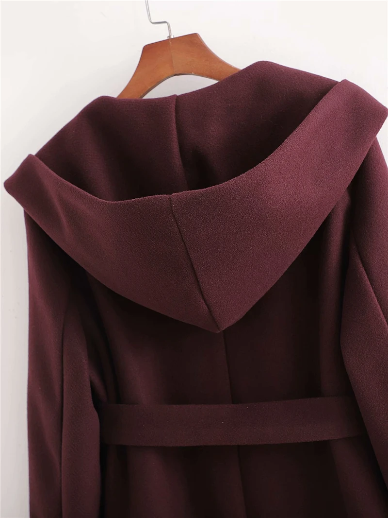 

Elegant Women Woolen Overcoat 2020 Fashion Ladies Claret Hooded Outercoat Streetwear Female Turn Down Collar Coat Chic Girl Coat