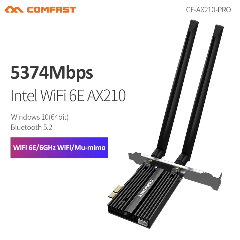 

WiFi 6E Intel AX210 Support 2.4G 5.8GHz 6GHz Tri-band PCI-E Network Card 802.11ax/ac Adapter For Win11 Win10 64bit Bluetooth 5.2
