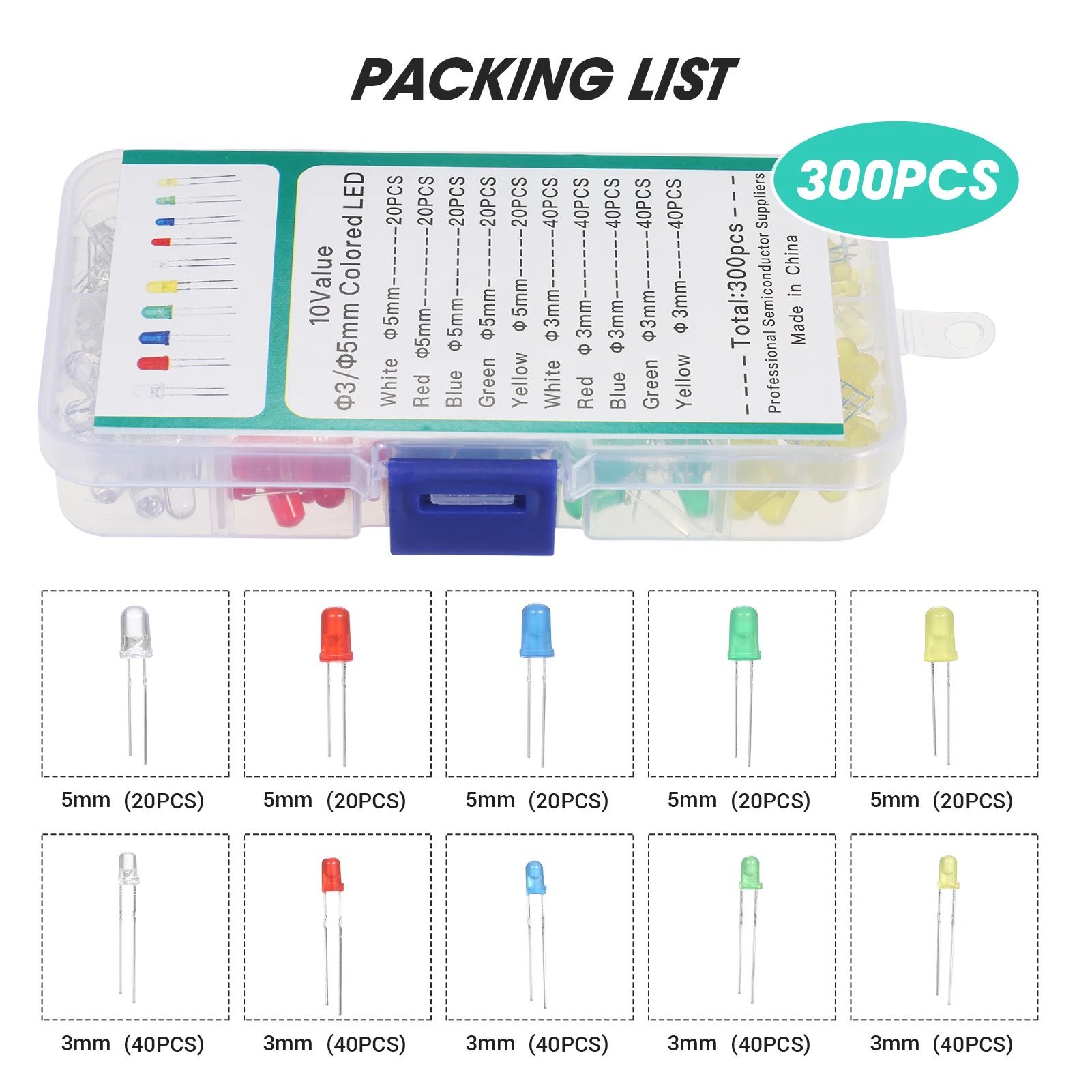 

KKmoon 300Pcs 3mm 5mm Light Emitting Diodes Set with Assorted Color 2-Pin Diffused LED Set 5 Colors Electronic Components