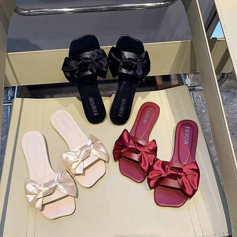 

Spring summer new 2021 outdoor flat leather bow non-slip beach lady slippers casual all-match fashion women sandals