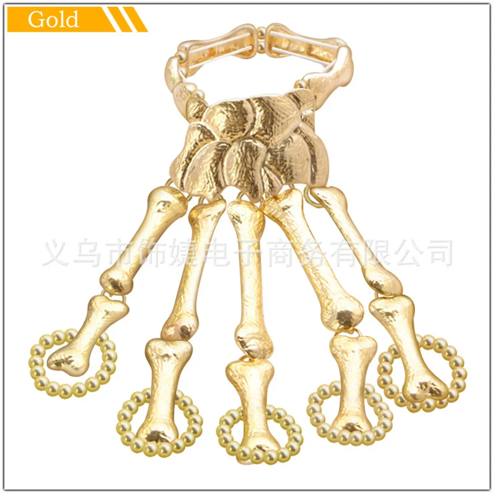 

Fashion Creative Metal Inlaid Red Rhinestone Skull Skeleton Ghost Hand With Finger Bracelet Bangles Halloween Accessories Gift