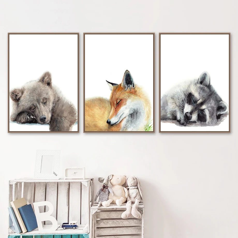 Милый медведь лиса олень енот Детская настенная живопись холст скандинавские