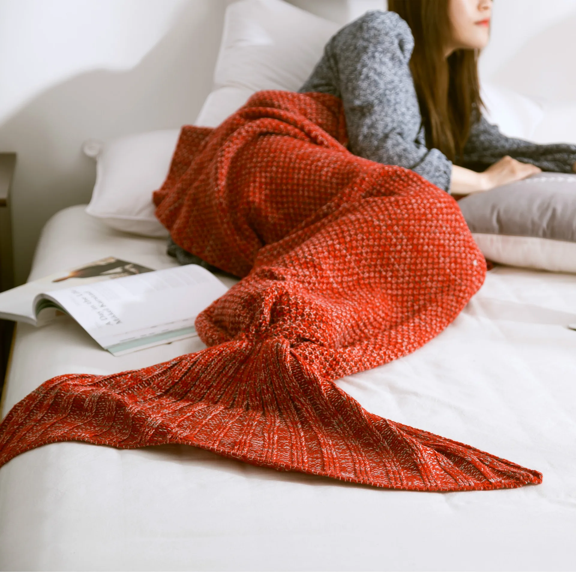 

Mermaid Tail Woven Blanket Red Blankets Solid Cute Knitting Blanket Throw Photography Props