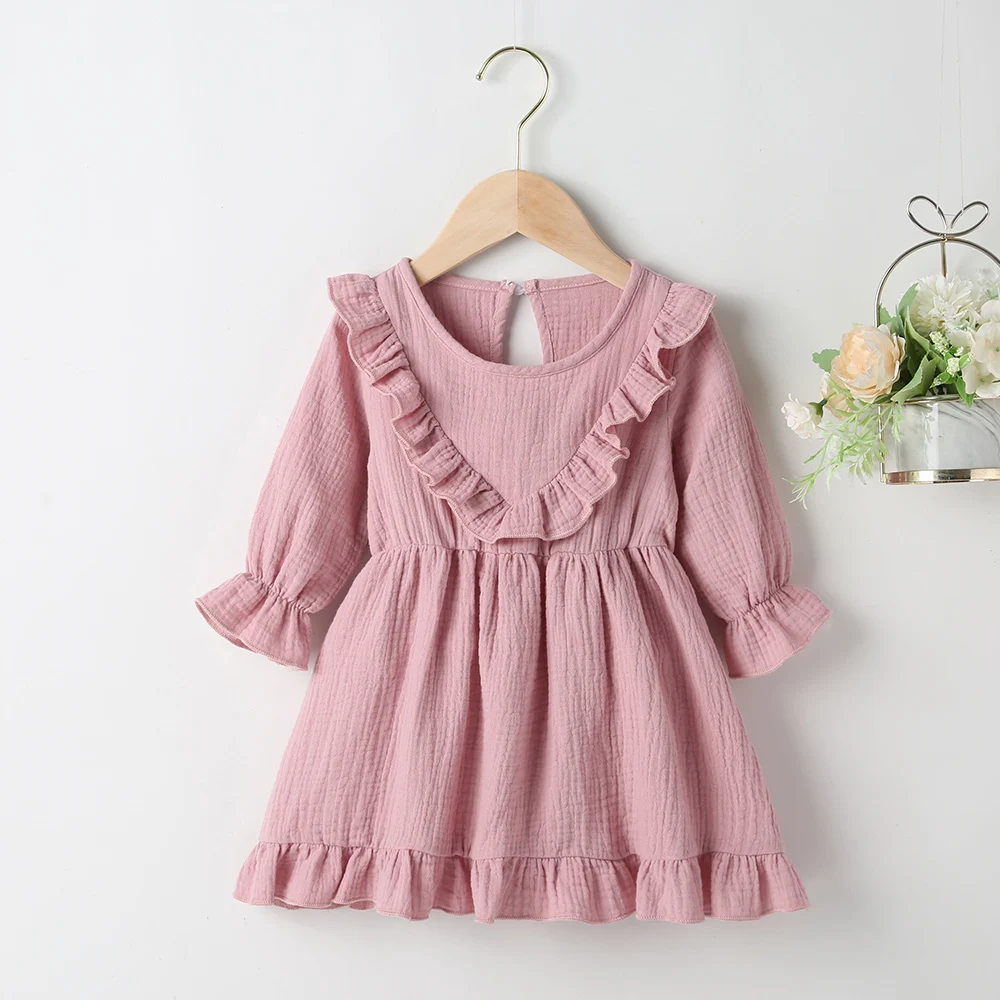 

Winter 2021 New Arrivals Girls Dress Long Sleeve O Neck Ruffles Pink Solid Bodycon Cute Streetwear Dresses Vestidos 18M-6T
