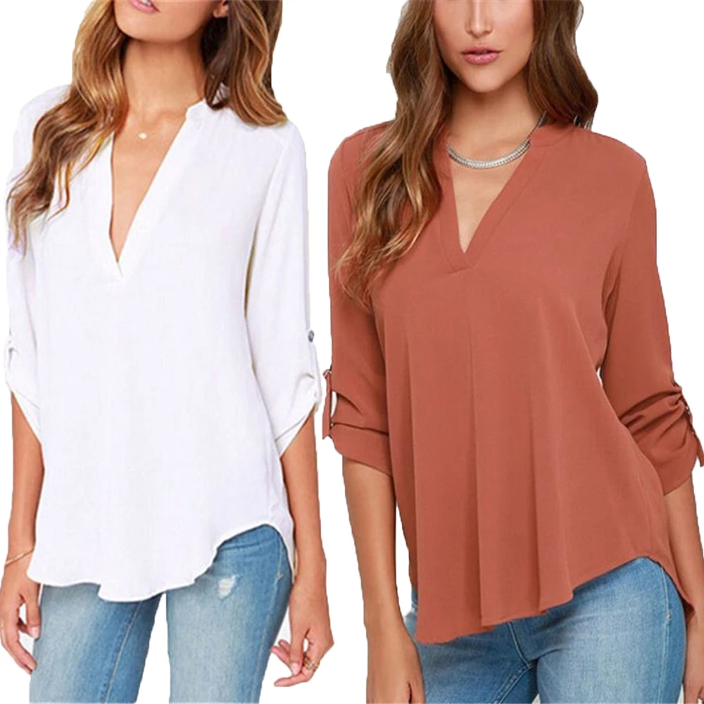

Blusas Femininas New Women V-Neck Solid Chiffon Blouse Tops Sexy Fashion OL Long Sleeve Shirt Blouses 6 Colors