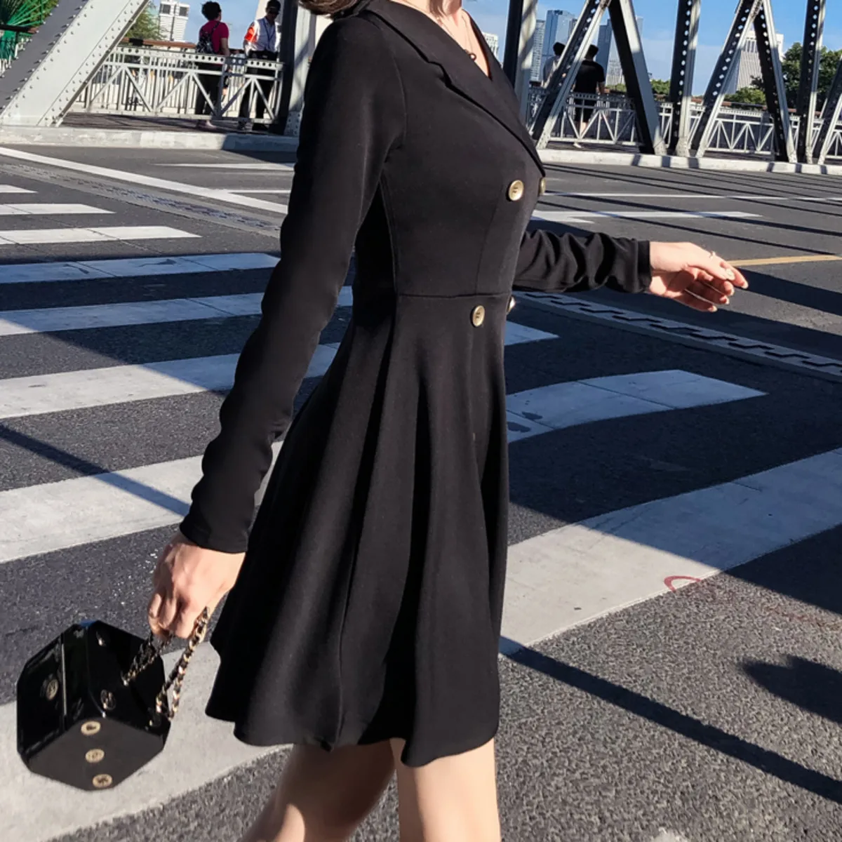 

BacklakeGirls Women Double Breasted Notched Lapel Collar Blazer Suit Dress Solid Black Chic Elegant Plelated A-Line Mini Dress