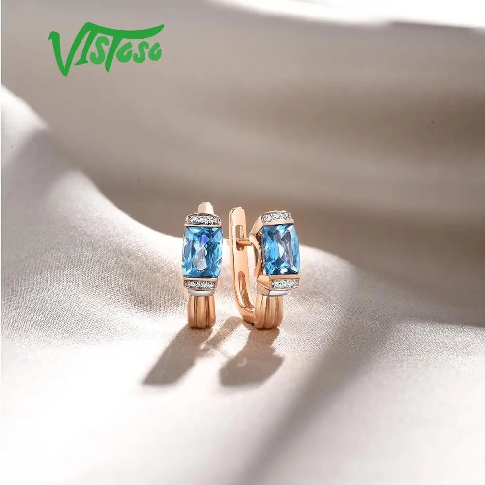 Женские Золотые сережки с синим топазом VISTOSO розовое золото 14 к 585 пробы со