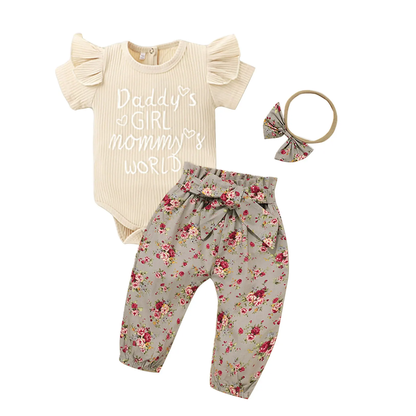 

Baby Girls Three-piece Clothes Set Beige Round Collar Short Sleeve Romper + Pants + Headband
