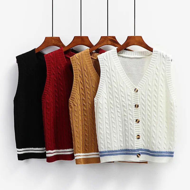 

Женский вязаный жилет с V-образным вырезом, кардиган на весну и осень, яркий новый корейский Свободный однобортный свитер без рукавов