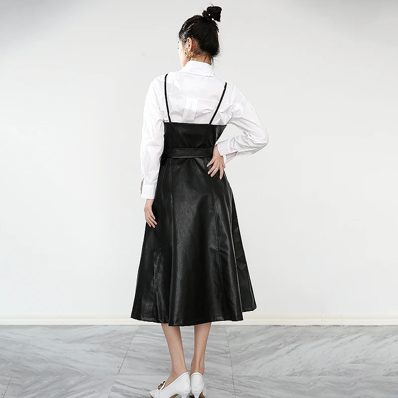 

Women Black Pu Leather Long Spaghetti Strap Dress New V-Neck Sleeveless Loose Fit Fashion Tide Spring Autumn 2021 Jd03201
