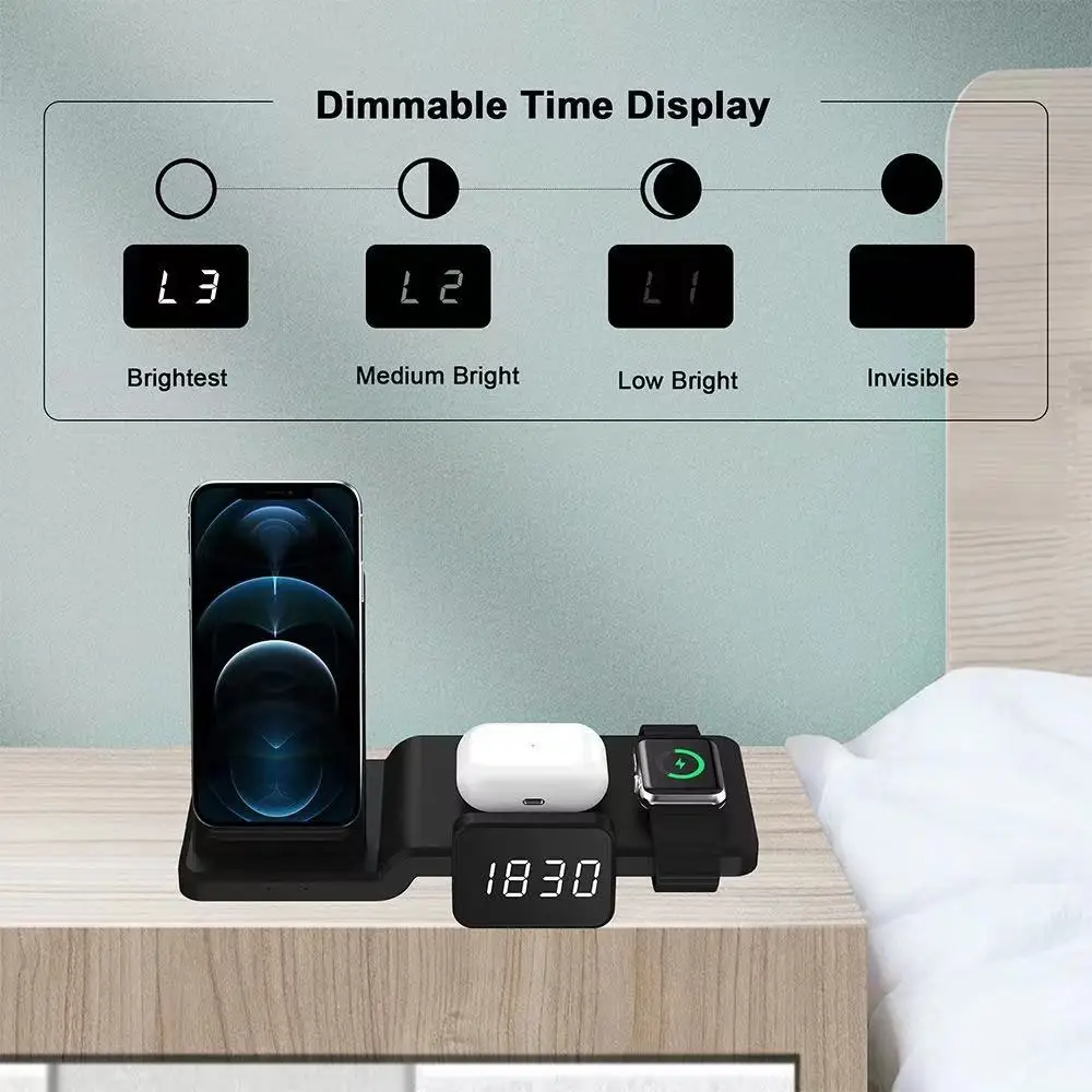 

15W Qi Fast Wireless Charging 4 in 1 Vertical Stand With Clock Function Suitable For Iphone 12 11 X Samsung Apple Watch Airpods
