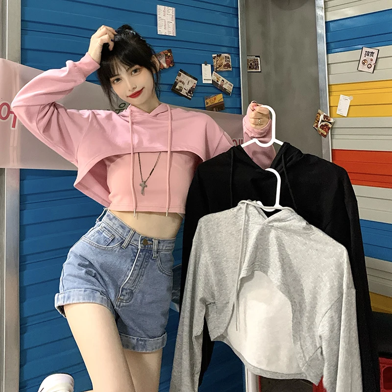 

Two Pieces Sweatshirts Casual Style Women's Clothing Striped Crop Top Korean Clothes Slim Pullovers Fashion Brand Hoodies New