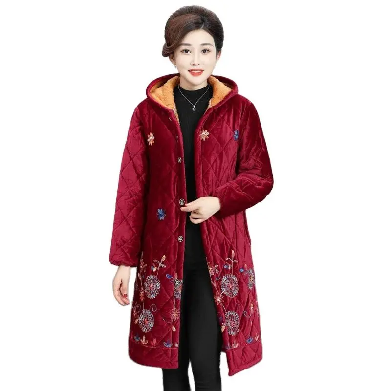 2022 Middle-aged Elderly Winter Three-layer Velvet Cotton Adult Overalls Female Mothers Loose Korean Mid-length Coats A665