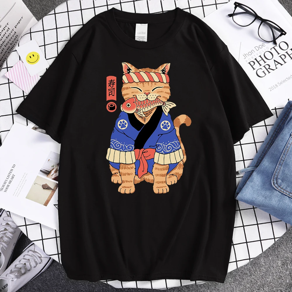 

Japan Cute Catana Fish T Shirts Men Harajuku Brand Cool T Shirts Summer 2021 Hot Sale Casual Tops Mens Fashion Hip Hop T-Shirt