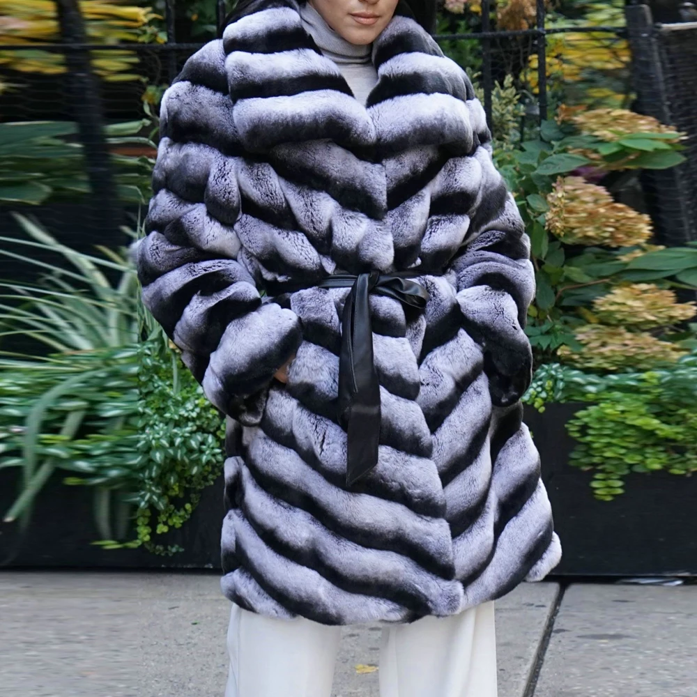 Natural Rex Rabbit Fur Coat with Turn-down Collar Winter New Fashion Chinchilla Color Genuine Rex Rabbit Fur Coats Woman Luxury enlarge
