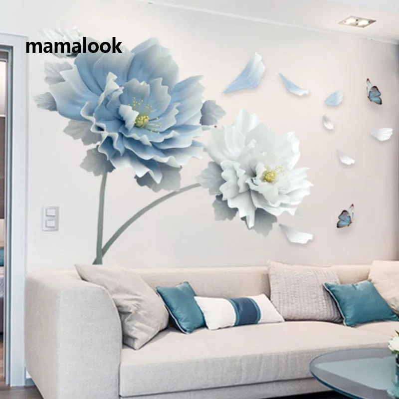 

Large White Blue Flower Lotus Butterfly Removable Wall Stickers 3D Wall Art Decals Mural Art for Living Room Bedroom Home Decor