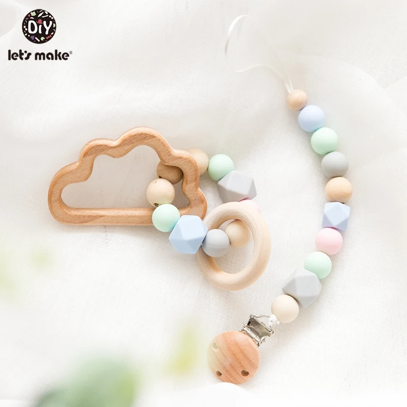 

Let's Make 2pc/set Baby Silicone Teether Pacifier Chain DIY Wooden Teether Ring Beech Dummy Holder Baby Silicone Rattle Toys